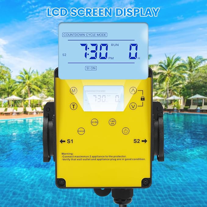 Ortis Above Ground Smart Pool Timer, Dual Waterproof Outlets for Pump & Salt System, Countdown & 24H Auto Cycle Modes, LCD Display, Outdoor Heavy-Duty Timer for Filters & Pumps