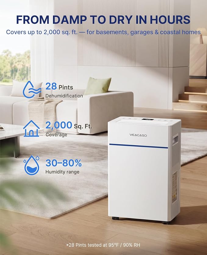 VEAGASO 2000 Sq.Ft. Dehumidifier for Basement with Drain Hose, 28 Pints Dehumidifiers for Home, Bedroom, Garage, 38dB Sleep Mode, Auto-Defrost, 3 Modes, 24H Timer
