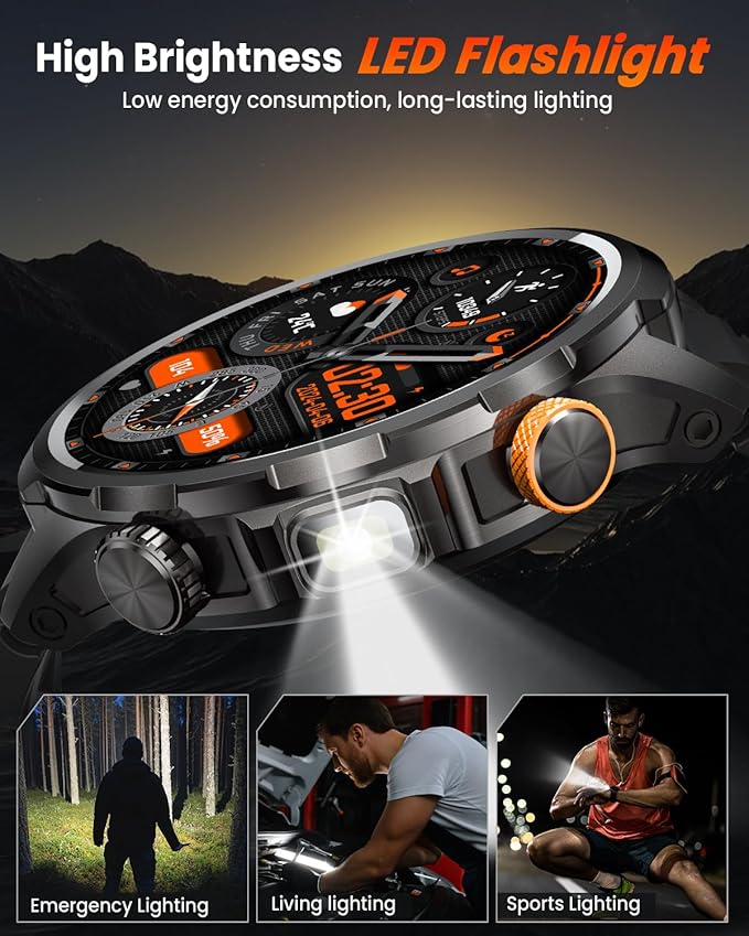 Military Smart Watches for Men, 1.91" Men's Smart Watch with 1000mAh/5 ATM Waterproof/LED Flashlight/110+ Sport Modes/Heart Rate/SpO2/Sleep Monitor, Fitness Tracker Watch for Android & iPhone (Black)