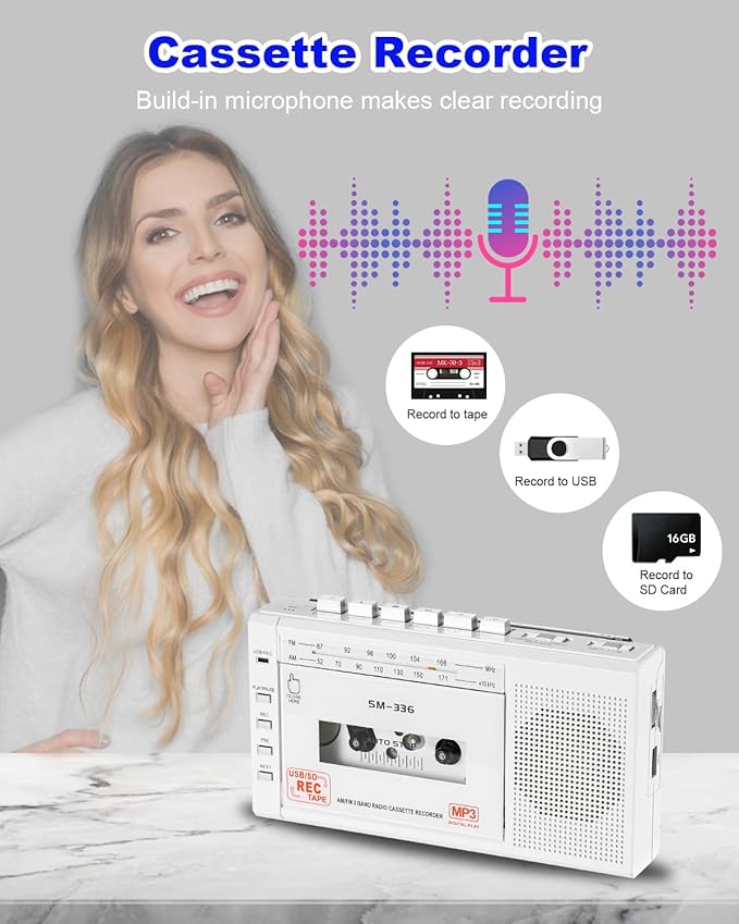 Portable Cassette Tape Player to Digital Converter via USB/SD Card, Record to Cassette/U Disk/SD Card via Mic, Power by AC or AA Battery, Portable Cassette Recorder with Speaker and Headphone Jack