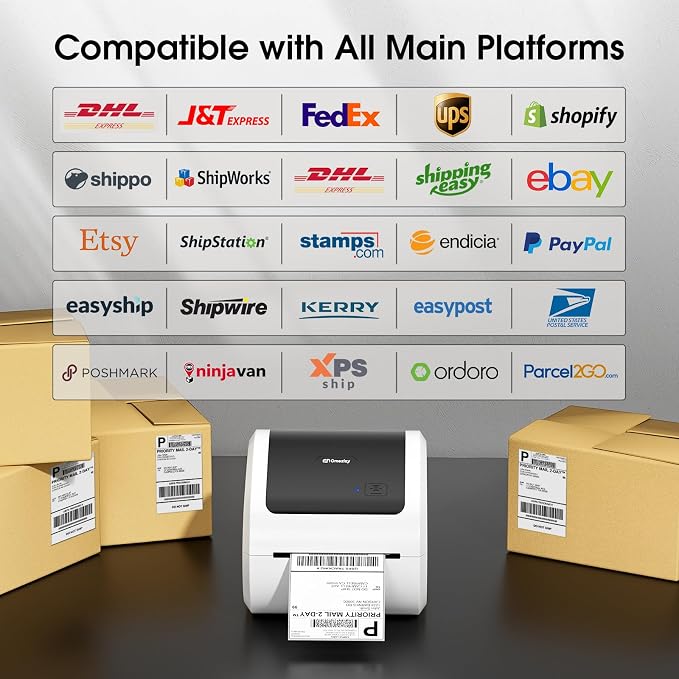 Bluetooth Shipping Label Printer with 1 Roll Labels - D520BT Thermal Label Printer, Thermal Printers with Built-in Label Holder, Come with 500PCS 4x6‬ White Labels (500 Labels/Roll)