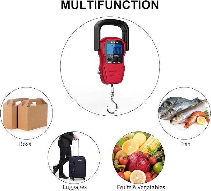 HEETA Fish Scale with Backlit LCD Display, Up to 110lb/50kg Digital Portable Hanging Fish Weight Scale with Hook & Measuring Tape for Home, Farm, Outdoor, Hunting, Fishing, 2 AAA Batteries Included