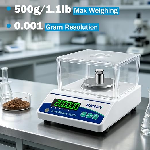 Lab Scale 500g x 0.001g Scientific Scale g/oz/ct/lb High Precision Digital Electronic Analytical Balance for Jewelry Kitchen Laboratory School, Includes 200g Calibration Weight&Battery