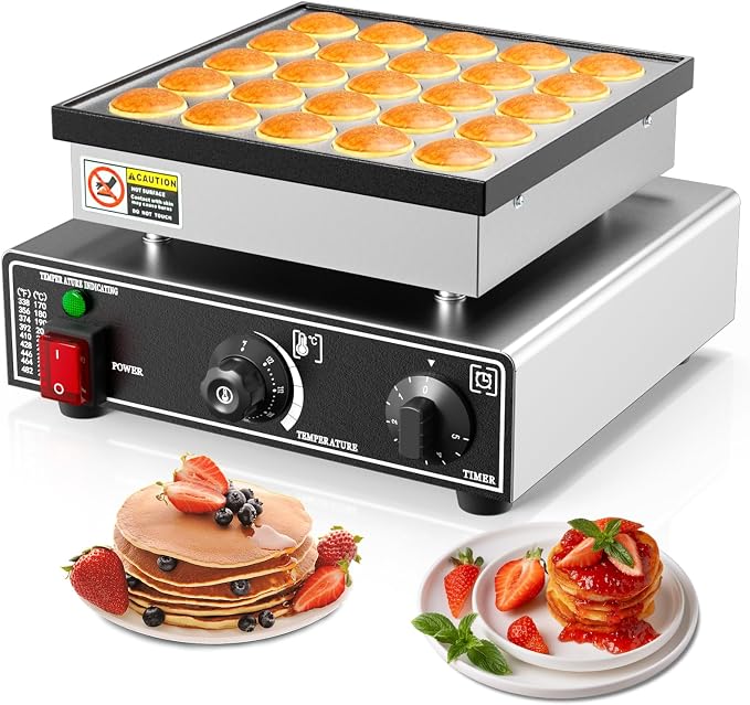 Baotree 25PCS Commercial Mini Dutch Pancake Maker, 110V 950W Mini Dutch Pancake Maker, 1.77 Inches Pancake Maker with 2 Thermostats & 2 Timers Separate Control, for Home and Restaurants
