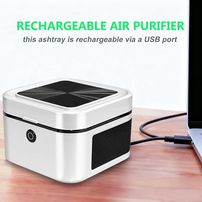 Multifunctional Smokeless Ashtray with HEPA Filter,Rechargeable Air Purifier for Cigarette Smoke,Portable Ashtray for Indoor & Outdoor Use (White)