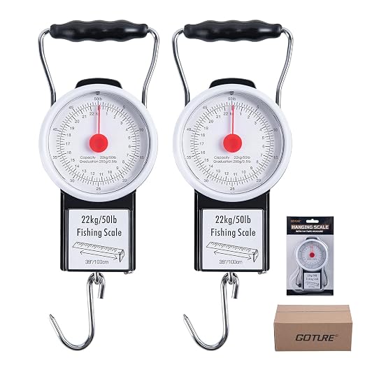 Goture 2Pcs Fishing Hanging Scale, Mechanical Kitchen and Fish Fishing Scale, Multi-Purpose Portable Hand Held Dial Weight Scale with Tape Measure (50 Lbs / 22Kg)