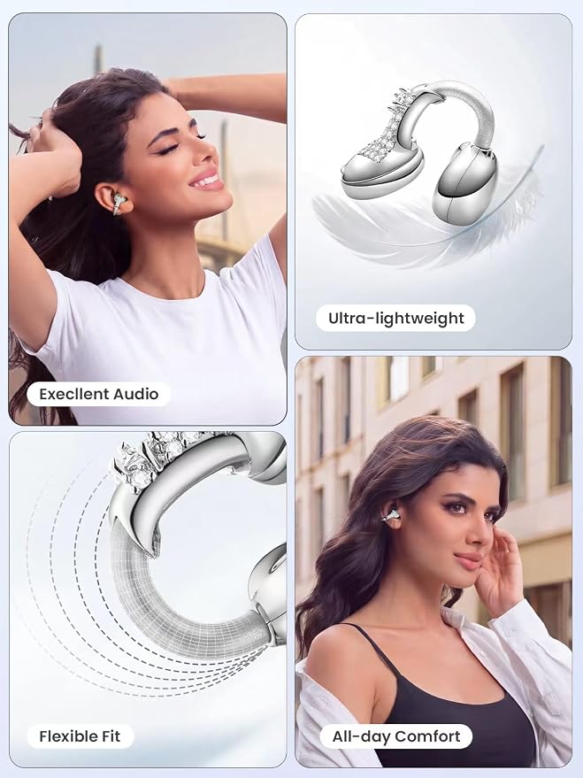 JewelPods C3 Wireless Bluetooth Earbuds, Jeweled Open-Ear Headphones, SLV | Ultra-Light Memory Wire Clip-On Earrings for All-Day Comfort, 60H Playtime, Sweat & Water Resistant, Premium Sound
