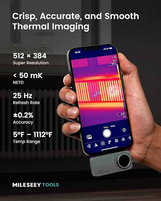 MILESEEY TR256i Thermal Imaging Camera for iOS (iPhone 14 and Earlier w/Lightning), 512×384 Super Resolution Infrared Camera, iPad Thermal Imager, 5°F-1112°F for Electrical, Building, HVAC Detection