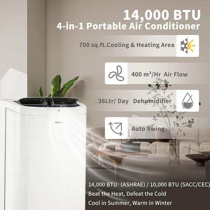 Shinco 14,000 BTU White Portable Air Conditioner with Heater up to 700 Sq. Ft, Ac Heater Combo Window Unit, Portable AC Unit with Dehumidifier & Fan, Cools & Heats,Remote Control and Window Kit