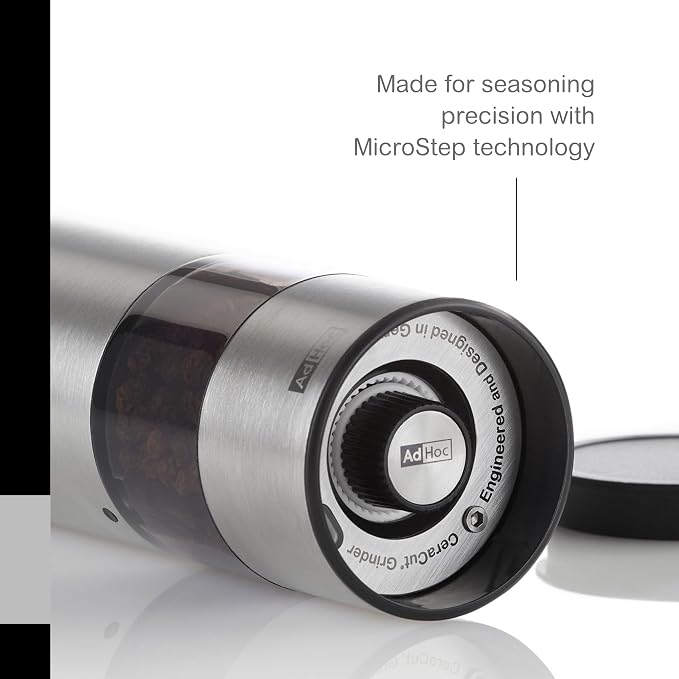 AdHoc Electric Salt & Pepper Grinder - One-Button Operation - Uses SilentDrive for Quiet Operation - Battery Powered - Mill with CeraCut Ceramic Grinders - Mini