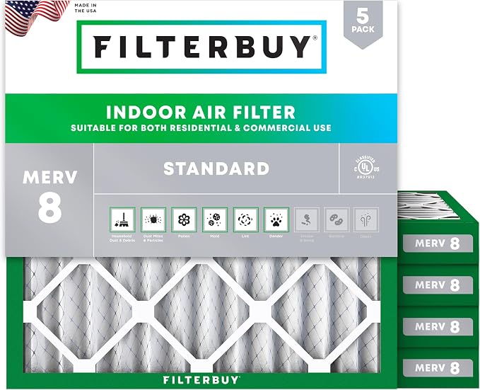 Filterbuy 16x16x2 Air Filter MERV 8 Essential Dust & Allergy Defense (5-Pack), Electrostatic Pleated HVAC AC Furnace Filters Replacement, Made in USA (Actual Size: 15.50 x 15.50 x 1.75)