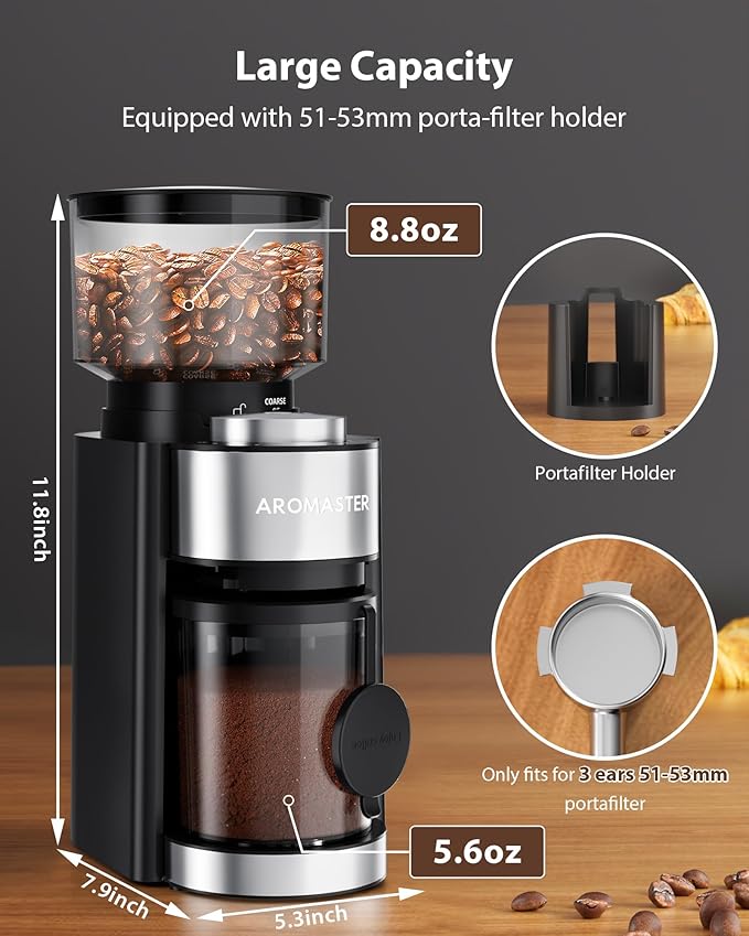 Aromaster Burr Coffee Grinder, Electric Conical Coffee Bean Grinder for Home Use, with 25 Grind Settings,3-Ears Portafilter Holder, Anti-static Design, Adjustable 2-12 Cups Timer, Cleaning Brush