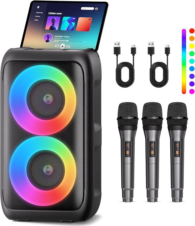 Bluetooth Speaker with 3 Wireless Microphones，Portable Party Speaker for Adults & Kids with Lights,Speakers Bluetooth Wireless，Floorstanding Speakers Support TWS/AUX/USB/TF Card for Home Party Gift