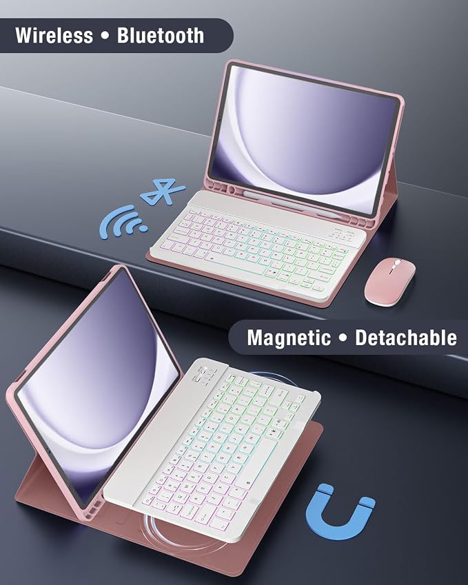 Keyboard Case for Samsung Galaxy Tab A11 Plus 11 Inch 2025/ A9+ Plus 2023 Tablet, Detachable Rainbow Backlit Wireless Keyboard and Mouse, Slim Stand Cover with S Pen Holder (Pink Marble)