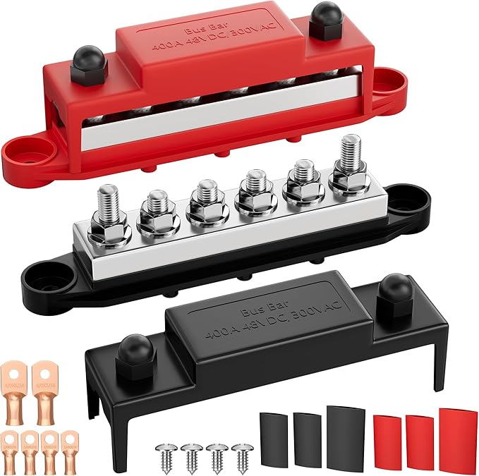 RVMARINEPAT 400A 12V 24V 48V Bus Bar with 6 x 5/16" (M8) Studs, Heavy Duty Power Distribution Block & Battery Terminal Kit with 6 Lugs for Inverter, Solar, Marine, RV (Red & Black Pair)