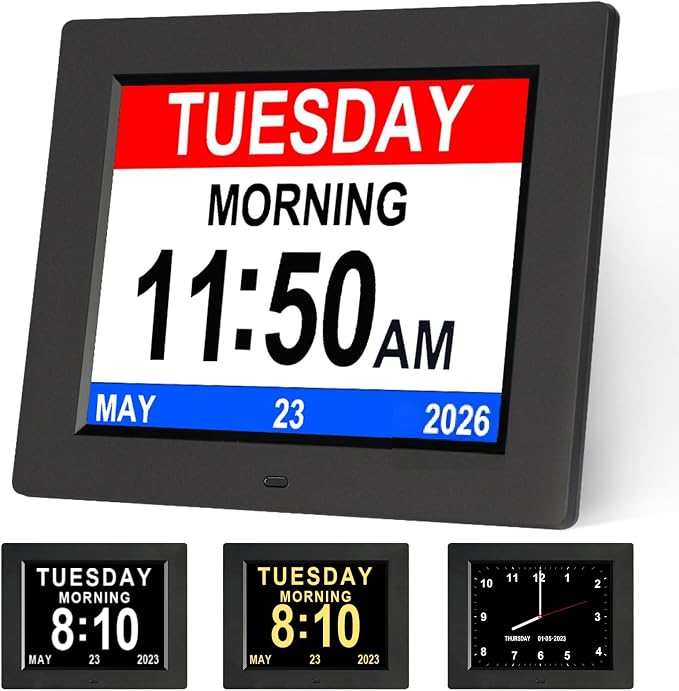 KASTISS 8 Inch Digital Calendar Alarm Day Clock, Large Digital Clock Easy-to-Read, Impaired Vision People, 12 Customizable Alarms, Dementia, Alzheimer’s, Elderly Care & Bedroom/Kitchen (Black)