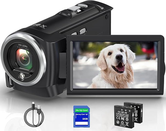 2.7K Video Camera Camcorder QHD 56MP YouTube Vlogging Camera Webcam 16X Digital Zoom with 32G SD Card 270 Degree Rotation Screen Camcorders and 2 Batteries Recording While Charging