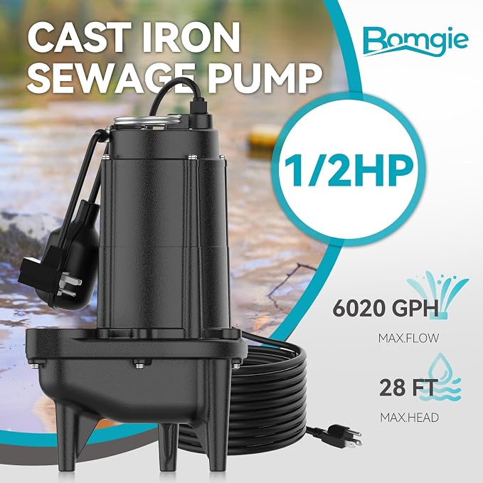 1/2 HP Sewage Pump, Cast Iron Effluent Pump, Automatic Float Switch, Sewage Sump Pump for Sump Basin, Basement, Residential Sewage, 2'' NPT Discharge, Black