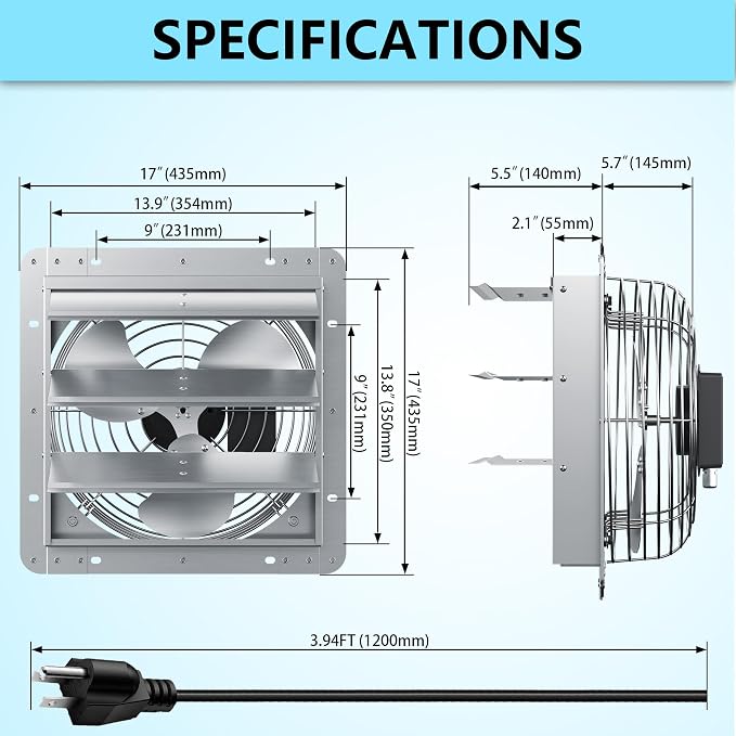 14 Inch Shutter Exhaust Fan, Aluminum Wall Mounted Exhaust Fan, 1558 CFM High Speed Automatic Shutter Attic Fan, Vent Fan For Greenhouse,Shed,Shop,Garage