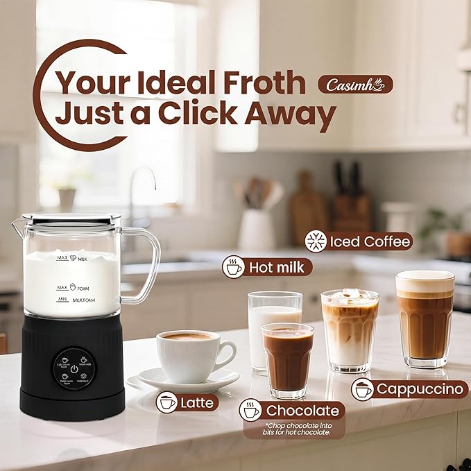 Casimhu 4-in-1 Milk Frother, Electric Milk Frother and Steamer with LED Touch Screen, Ceramic Lining Bottom, Milk Warmer 13.52oz for Lattes, Cappuccinos, and Macchiatos at Home (Black)