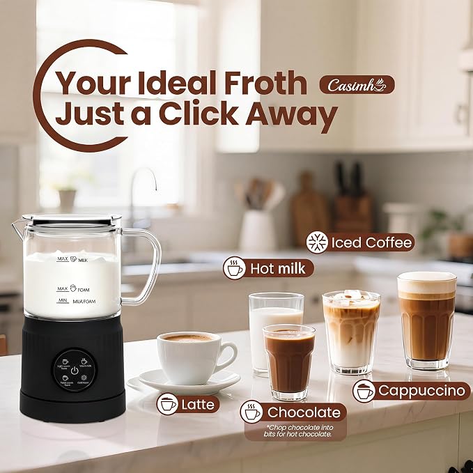 Casimhu 4-in-1 Milk Frother, Electric Milk Frother and Steamer with LED Touch Screen, Non-stick Bottom, Milk Warmer 13.52oz for Lattes, Cappuccinos, and Macchiatos at Home (Black)