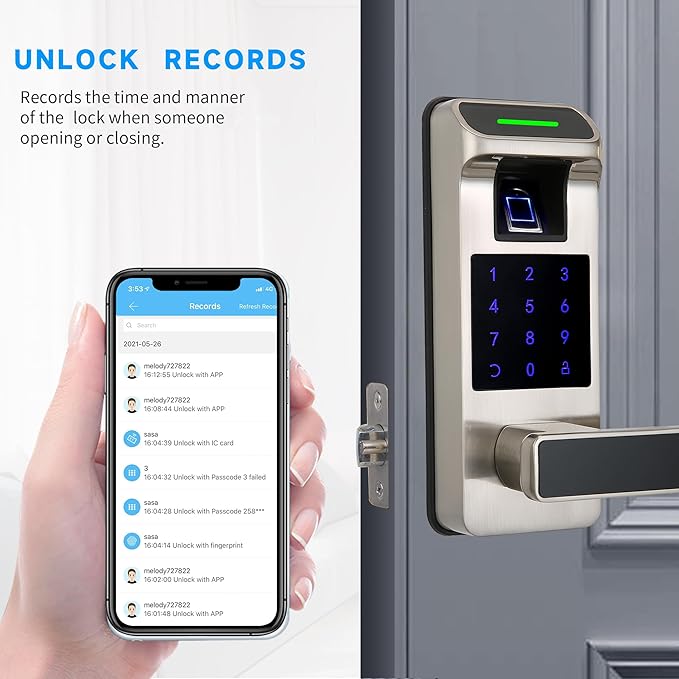 Fingerprint Door Lock, Heavy Duty Full APP Control Touchscreen Keypad Keyless Lock with Reversible Handle, Perfect for Home/Office/Bedroom Doors (Satin Nickel)