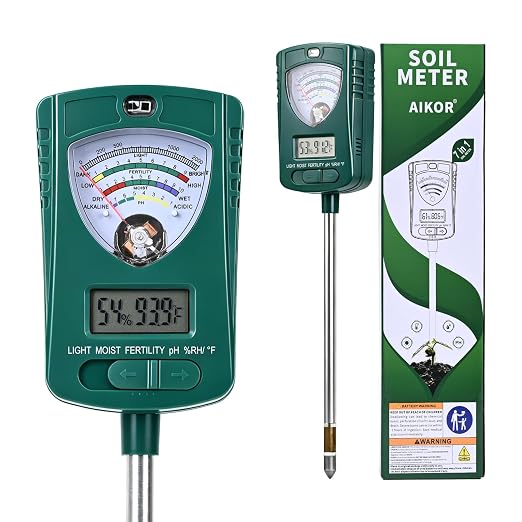 AIKOR 7-in-1 Soil Tester Measures Soil Moisture, pH, Fertility, Light Intensity, Soil Temp, air Temp & Humidity. Pointer & LCD Display. for Garden, Farm, Lawn, Indoor/Outdoor Plant Monitoring.