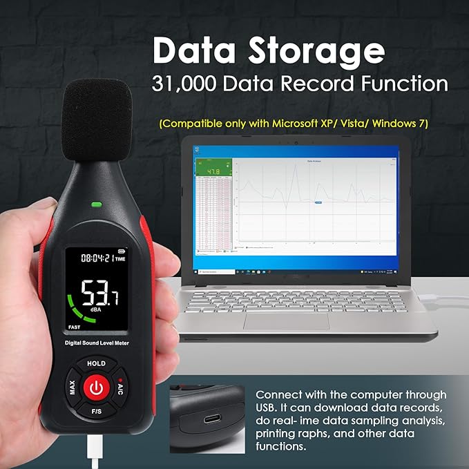 Decibel Meter Sound Level Data Logger, Portable SPL Meter Noise Monitor with Data Logging & Graph Printing, A/C Weighted, Fast/Slow, MAX, Data Hold, 3-Color Alarm dB Meter for Noisy Neighbor Factory