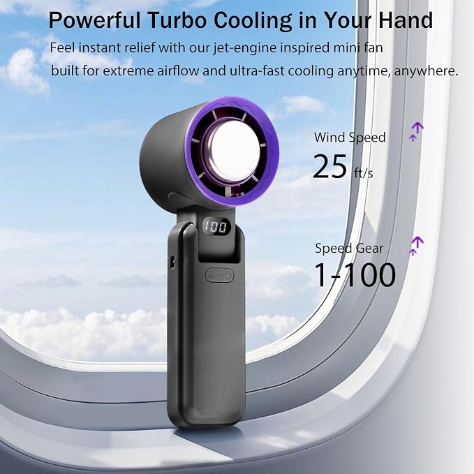 Handheld Portable fan with Turbo Cooling Ice Cooler- Hand Held Fan Rechargeable,100 Speed, 20H Battery Life 3600mAh, Powerful Mini Personal Fan for Travel, Outdoor, Beach, Makeup, Summer Use