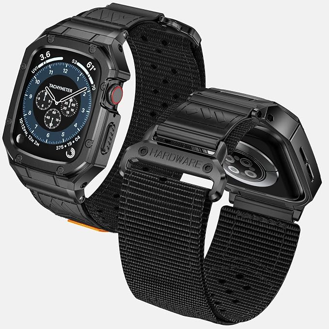 BAITEYOU Band with Case Compatible with Apple Watch Band 45mm Series 9 8 7, Nylon Strap with Stainless Steel Metal Rugged Case Cover for iwatch Bands for Men