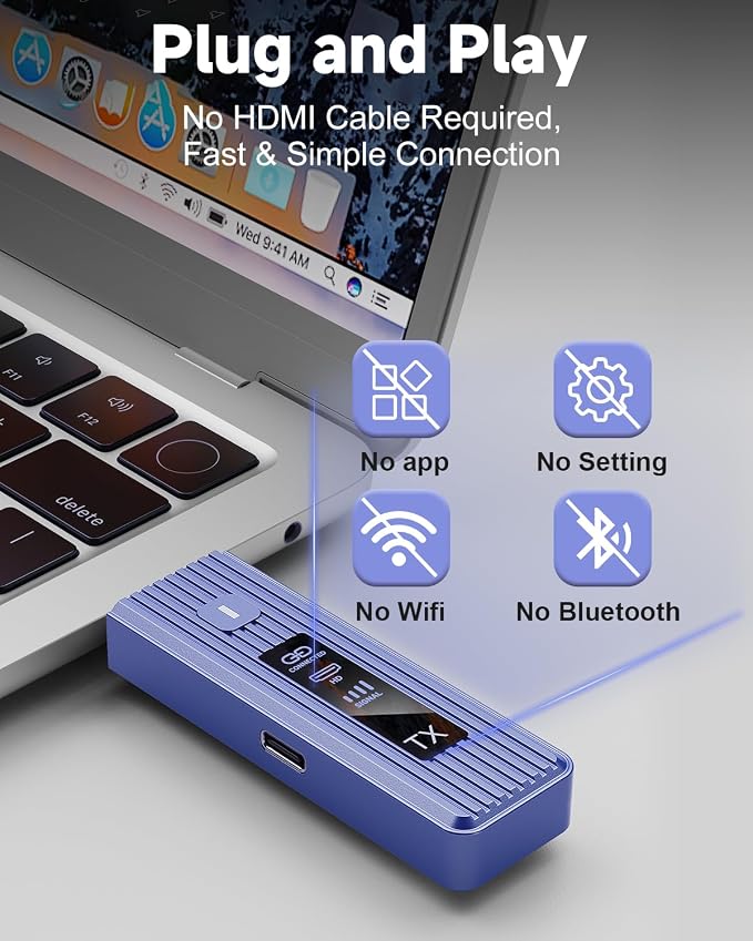 𝐏𝐫𝐨-𝐆𝐫𝐚𝐝𝐞 Wireless HDMI Transmitter and Receiver, 360FT/110M Stable Transmission, 4K Decoding & 1080P with LED Smart Display, 5.8+2.4G Dual Band, Plug & Play for PC/Laptop/TV Box to Monitor