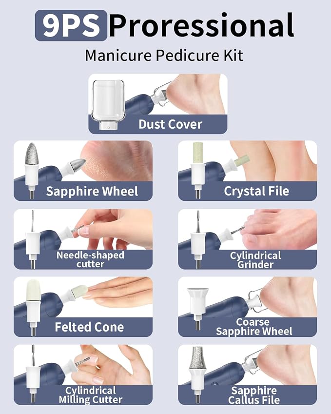 Cordless Electric Nail File Set, Rechargeable Pedicure Tools for feet, Professional Manicure Pedicure Kit 5 Speeds Hand Foot Care Nail Drill for Thick Nail Toenail Cuticle Women Men Pets, Blue