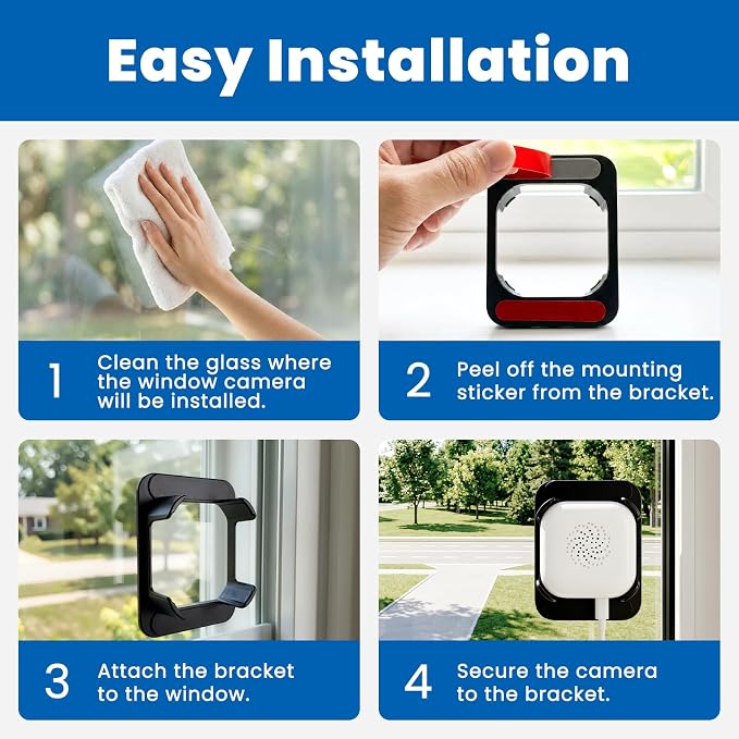 2K Indoor Window Camera with Adjustable Mount, No Drill Window Security Camera, Anti-Glare Glass Design, Night Vision, Local Storage, Easy Install Camera for Indoor Monitoring Outdoor (2 pack)
