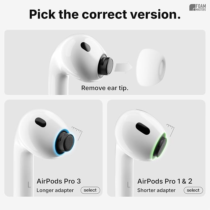 Foam Masters Ultra-Premium Memory Foam Ear Tips for AirPods Pro 3rd Gen (2025) | 3 Pairs | New Ver. | Secure Fit | Super Comfort | Better Noise Cancel | Replacement Buds (Medium, Gray)