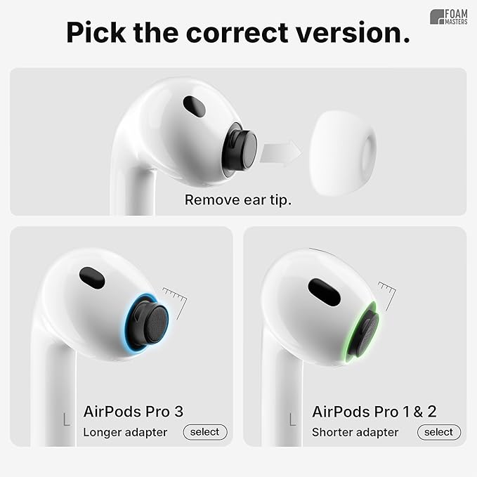Foam Masters Ultra-Premium Memory Foam Ear Tips for AirPods Pro 3rd Gen (2025) | 3 Pairs | New Ver. | Secure Fit | Super Comfort | Better Noise Cancel | Replacement Buds (Small, Space Gray)