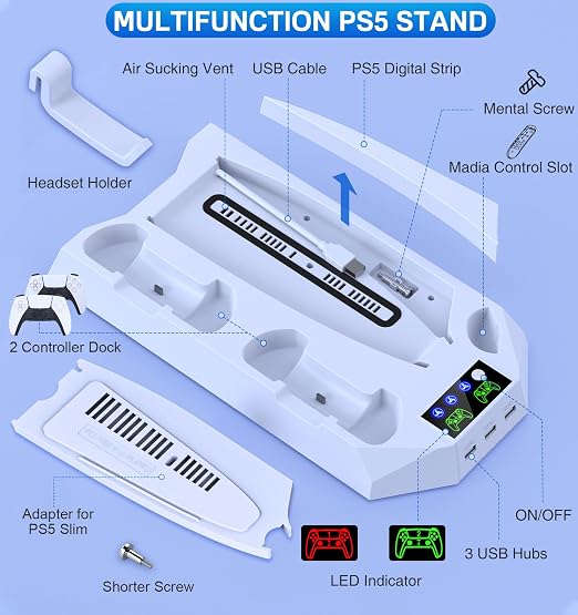 PS5/Slim/Pro Cooling Station for PlayStation 5 Console Disc/Digital Edition - PS5 Slim Pro Cooling Stand with Controller Charging Station Accessories-Cooler Fan/Headset Holder/3 USB Hub, White