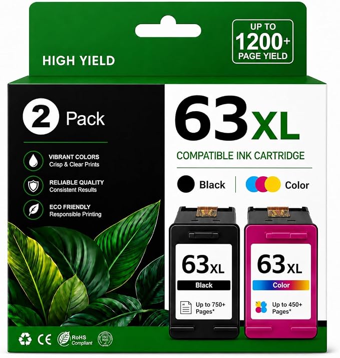 63XL Ink Cartridge Black and Color Replacement for HP Ink 63 63XL HP 63 Black Ink Cartridge Compatible with HP OfficeJet 3830 4650 5255 5258 5200 Envy 4520 4512 4510 DeskJet 1112 2130 3630 Printers