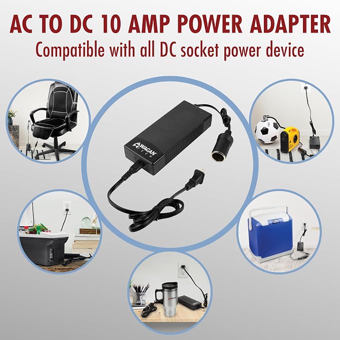 Wagan EL9904 10 Amp 110V 240V AC to DC Power Adapter 100-240V 10A to 12V Car Cigarette Lighter Socket AC/DC Power Converter