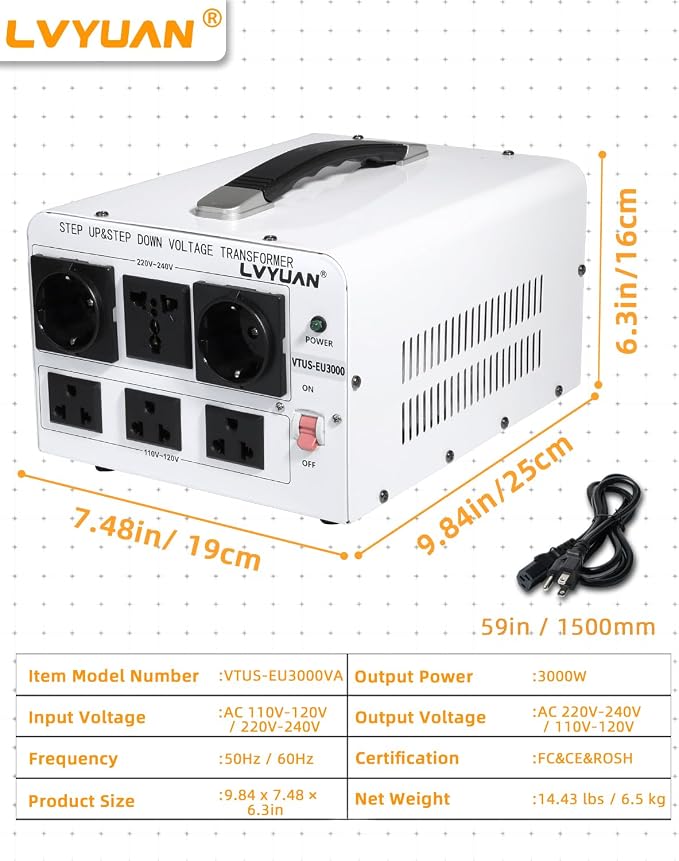 LVYUAN 3000W Voltage Transformer Power Converter Step Up 110V to 220V, Step Down 220V to 110V, 110/120 Volt - 220/240 Volt