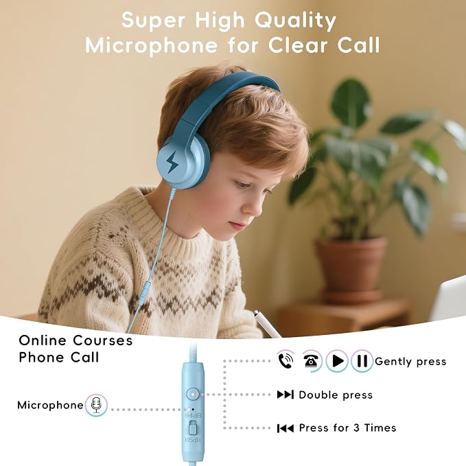 Candy Bila Kids Headphones, Wired Headphones for Kids Over Ear with Microphone, 85/94dB Volume Headphone for Girls Boys, Foldable Headphone for Learning & Entertainment, Gradient Green