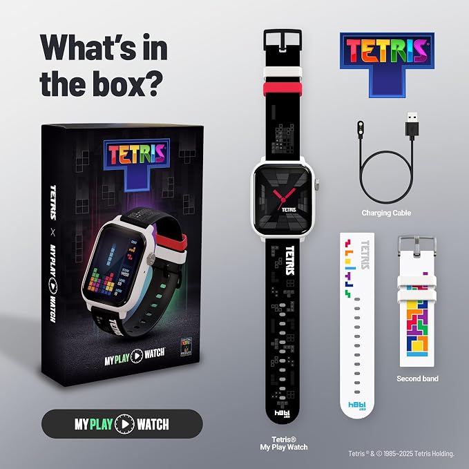 Tetris®: My Play Watch – Retro Gaming Smart Watch, No Wi-Fi or Bluetooth, Built-in Tetris®, Custom Watch Faces, Classic Arcade Sound, Heart Rate Monitor, IP67 Water Resistant.