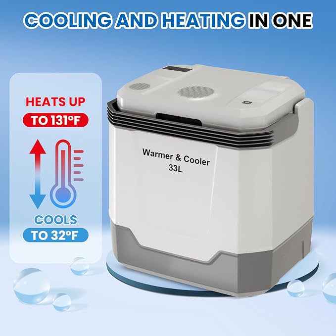 Garvee 35 Quart (33 l) Electric Cooler & Warmer, Portable Car Refrigerator with Automatic Locking Handle, 12V Car Cooler for Vehicle & Trucks, 110V AC Home Power Cord, Plug in Coolers, Grey