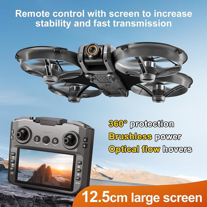 RC Drone With Screen On Controller (4.92in), UHD Dual Camera, Brushless Motor, Optical Flow Hovering, 360° Propeller Guard, 6-Axis Gyro, Headless Mode, One-Key Takeoff/Landing, 3-Speed Adjustable, 50X Zoom, Gesture Control, Trajectory Flight, Night LED...