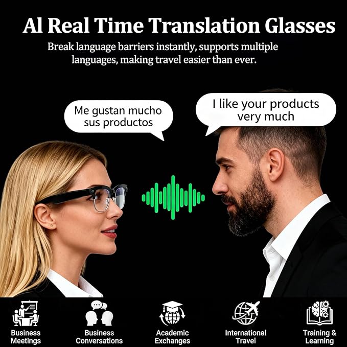 AI Smart Glasses with Camera, 8MPW Anti-Shake Bluetooth Camera Glasses, 1080P Video Recording Dual Mic Noise Reduction, Real Time Translation&Simultaneous Interpretation, 290mAh Capacity(W630)