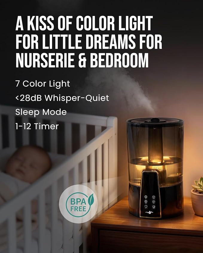 YOKEKON Humidifiers for Bedroom,1.06Gal(4L) Dishwasher Safe Design Easy to Clean,Top Fill,Night Light,Aroma Diffuser,Humidity Control,12H Timer,Sleep Mode,3 Level Mist,360° Nozzle,Home,Nursery,Black