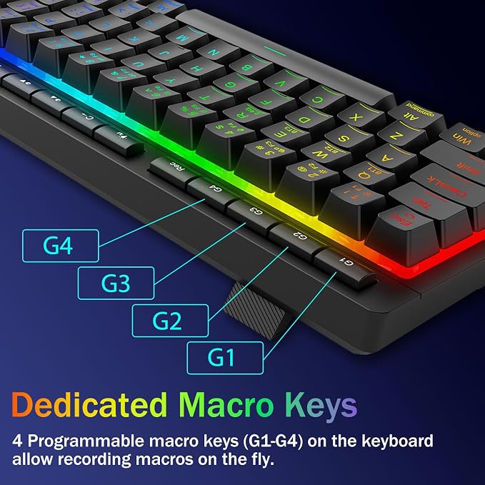 Redragon Wireless Gaming Keyboard, Bluetooth/2.4GHz/USB-C Wired, RGB Backlit, Portable 60% Mini Quiet Macro Membrane Keyboard, Rechargeable 4000mAh Battery, Anti-Ghosting for Win/MAC