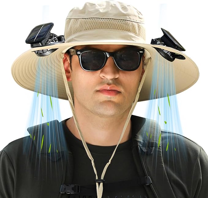 Solar Fan Hat Wide Brim Sun Hat with 2 Solar Fan, Solar Powered & USB Charging Hat Fishing Hat with Fan for Men