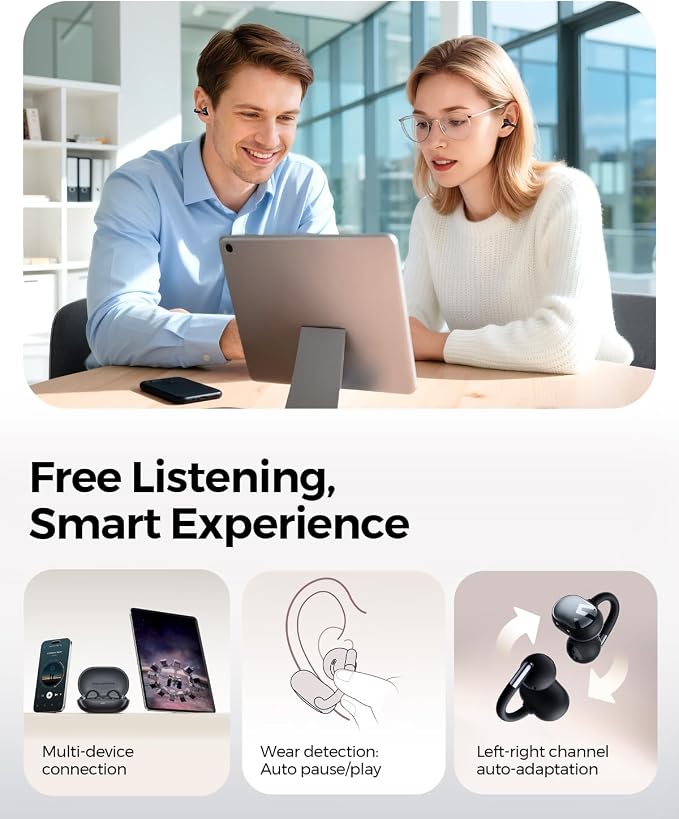 SoundPEATS Clip1 Ultra Comfort Open Ear Clip-On Earbuds, Secure Fit for Running Gym Workouts, 40H Hi-Res Sound with LDAC & Dolby, Fast Charging, IPX5 Waterproof, Bluetooth 5.4