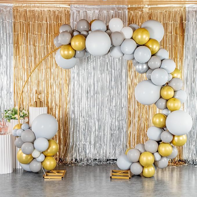 Restaurantware-Balloonify Balloon Garland Set, 1 Party Decoration Kit - 118 Balloons, With Chain, Gray, White, & Gold Latex Balloon Arch Kit, Includes Glue Dots, Fishing Line