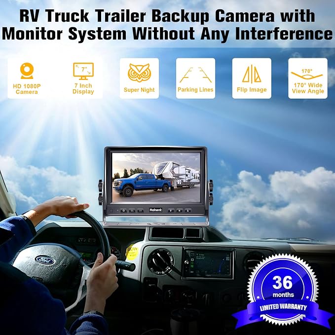 HD 1080P Wired RV Backup Camera System - with 170° Wide-Angle Lens, Night Vision, Waterproof IP69, Easy DIY Installation for RVs, Trucks, and Trailers by Rohent